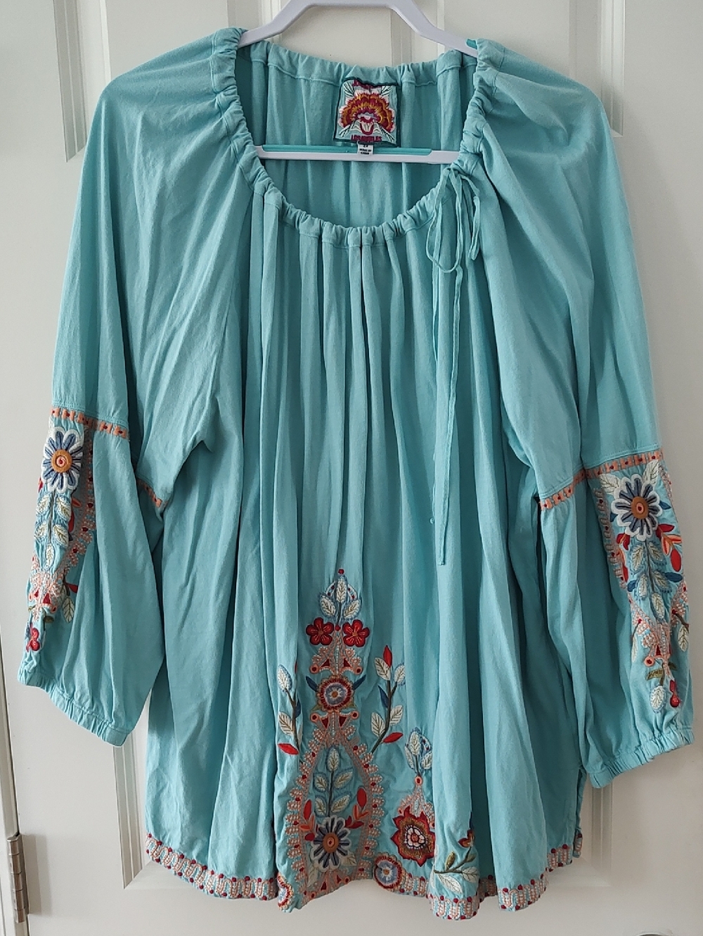 Johnny Was Aqua Embroidered Peasant Top